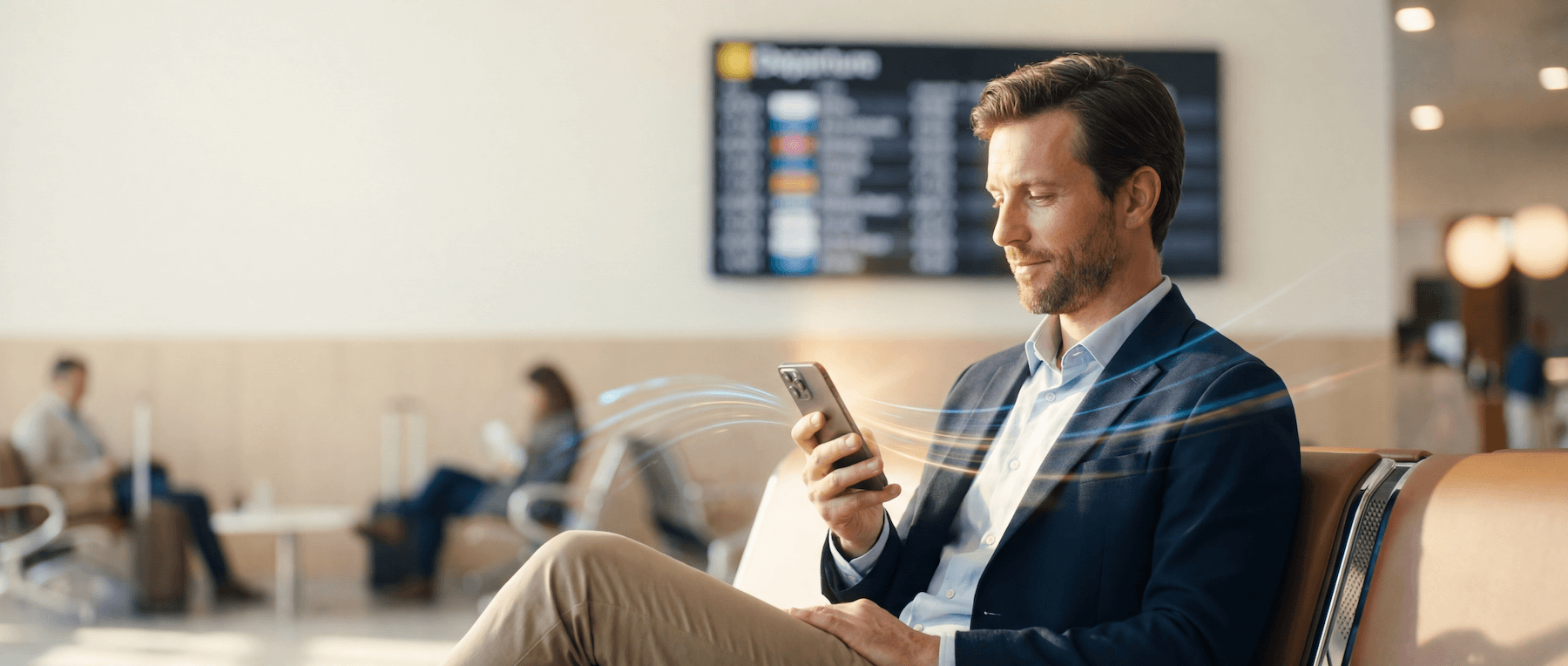 Traveler booking a trip on a mobile phone in an airport lounge